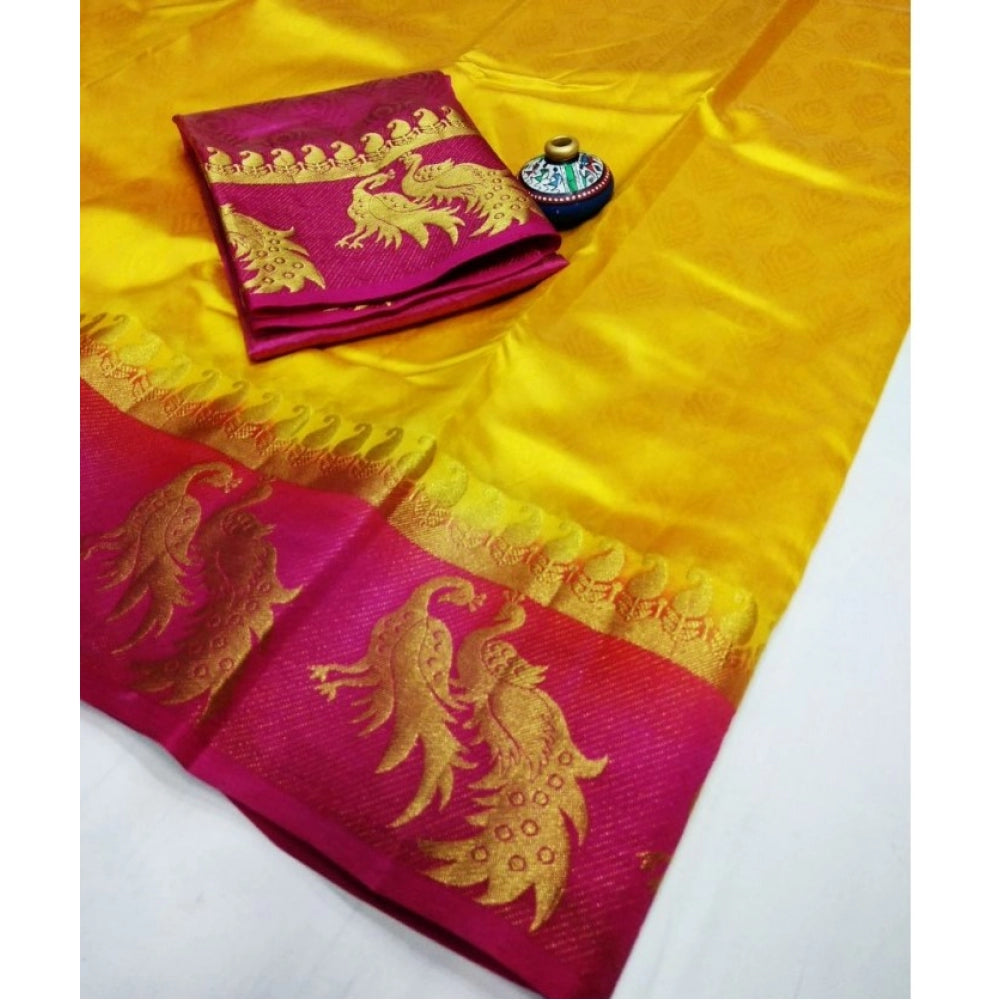 Women's Kanjivaram Silk Saree With Unstitched Blouse Piece (Yellow, 5-6 Mtrs)