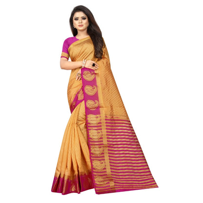 Women's Kanjivaram Silk Saree With Unstitched Blouse Piece (Beige, 5-6 Mtrs)