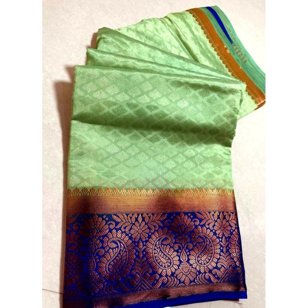 Women's Kanjivaram Silk Saree With Unstitched Blouse Piece (Light Green, 5-6 Mtrs)