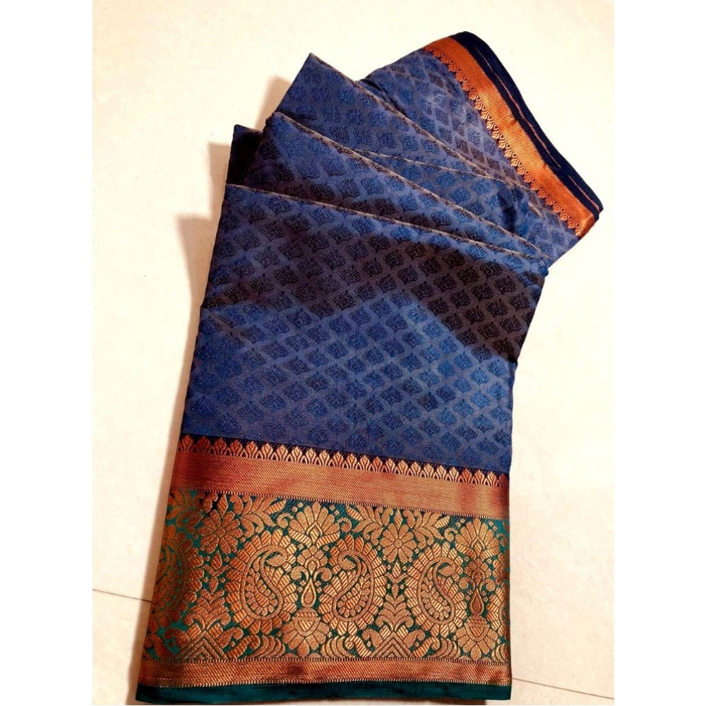 Women's Kanjivaram Silk Saree With Unstitched Blouse Piece (Blue, 5-6 Mtrs)