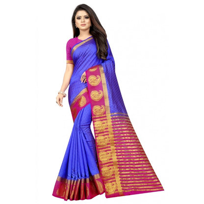 Women's Kanjivaram Silk Saree With Unstitched Blouse Piece (Blue, 5-6 Mtrs)