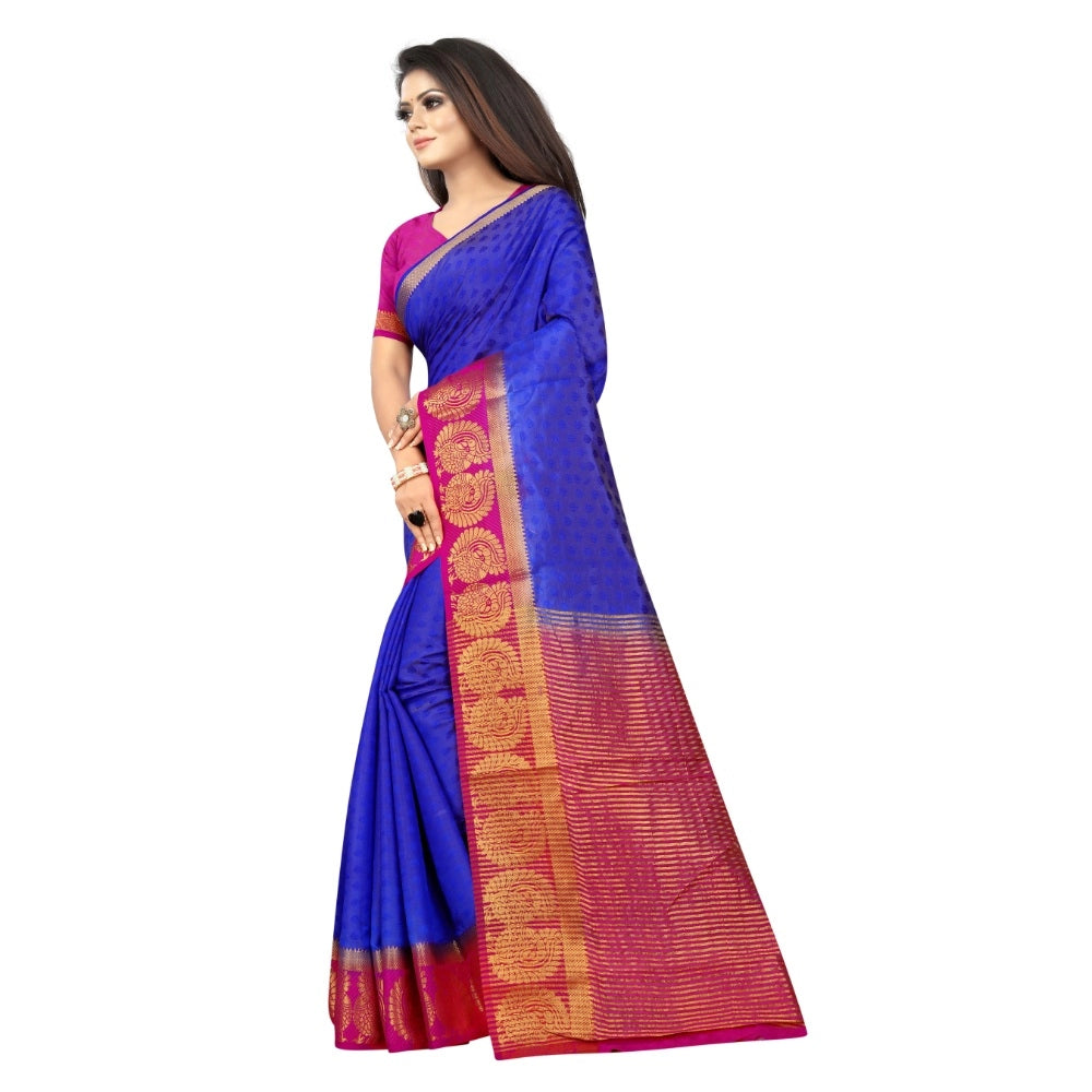 Women's Kanjivaram Silk Saree With Unstitched Blouse Piece (Blue, 5-6 Mtrs)