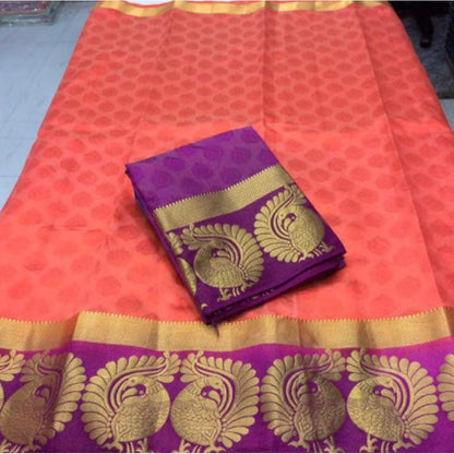 Women's Kanjivaram Silk Saree With Unstitched Blouse Piece (Peach, 5-6 Mtrs)