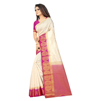 Women's Kanjivaram Silk Saree With Unstitched Blouse Piece (White, 5-6 Mtrs)