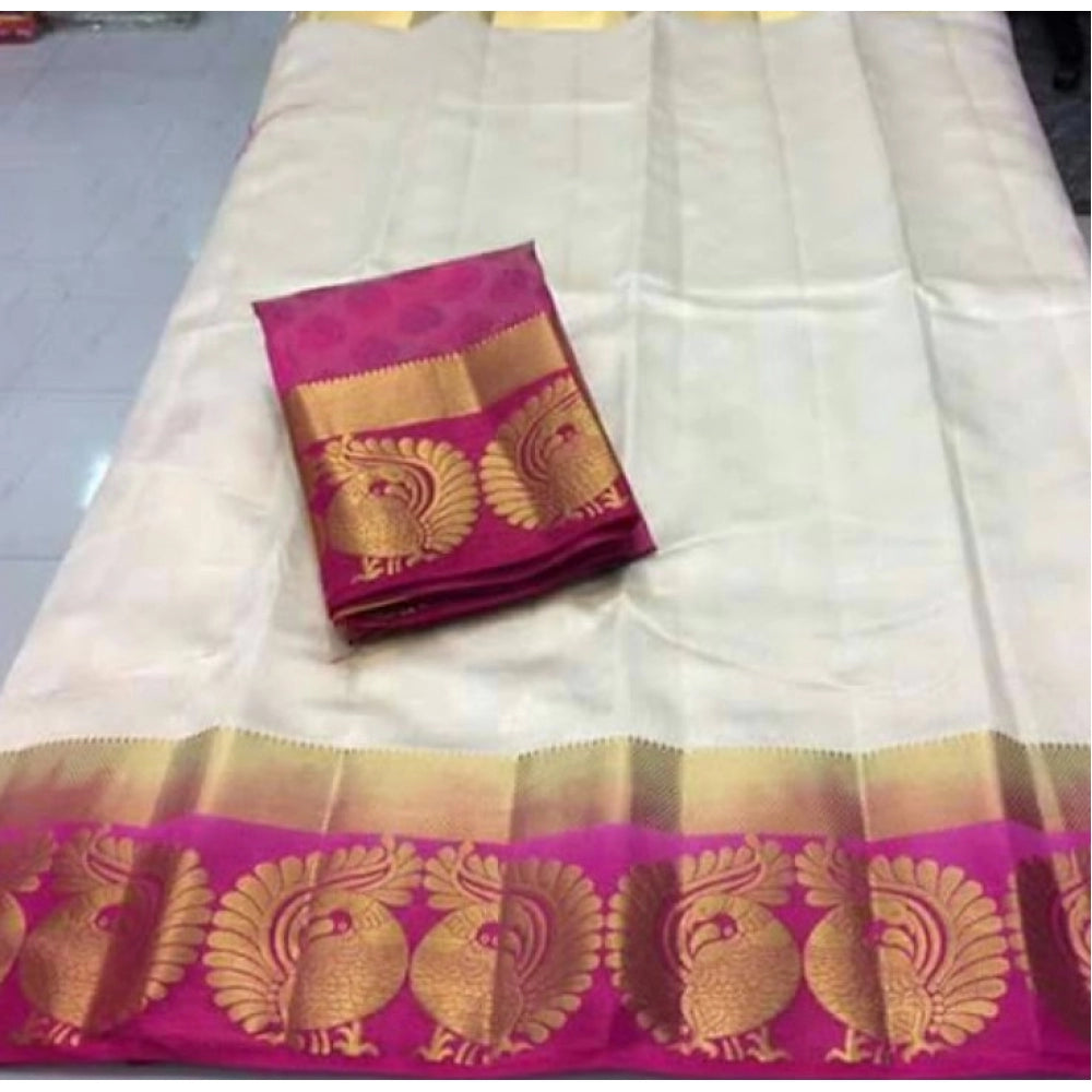 Women's Kanjivaram Silk Saree With Unstitched Blouse Piece (White, 5-6 Mtrs)