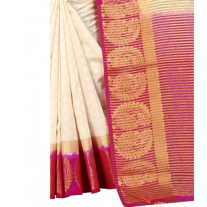 Women's Kanjivaram Silk Saree With Unstitched Blouse Piece (White, 5-6 Mtrs)