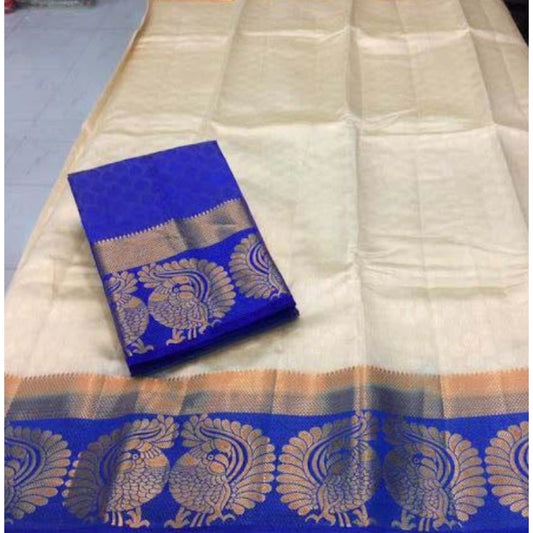 Women's Kanjivaram Silk Saree With Unstitched Blouse Piece (White, 5-6 Mtrs)