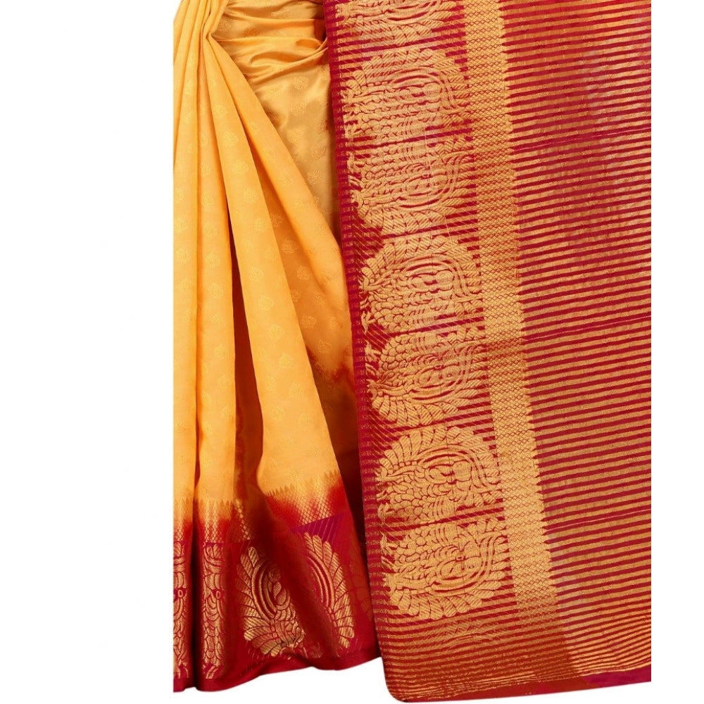 Women's Kanjivaram Silk Saree With Unstitched Blouse Piece (Yellow, 5-6 Mtrs)