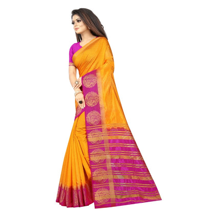 Women's Kanjivaram Silk Saree With Unstitched Blouse Piece (Yellow, 5-6 Mtrs)