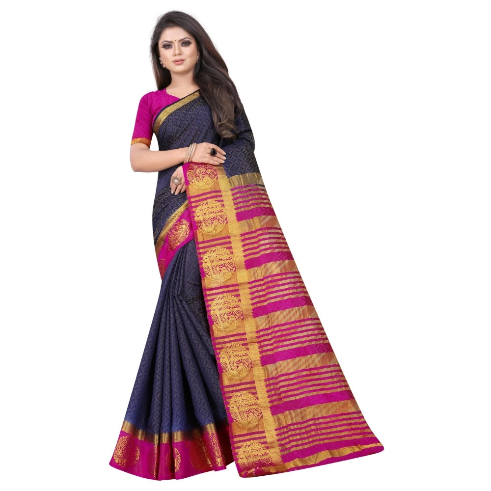 Women's Kanjivaram Silk Saree With Unstitched Blouse Piece (Navy Blue, 5-6 Mtrs)