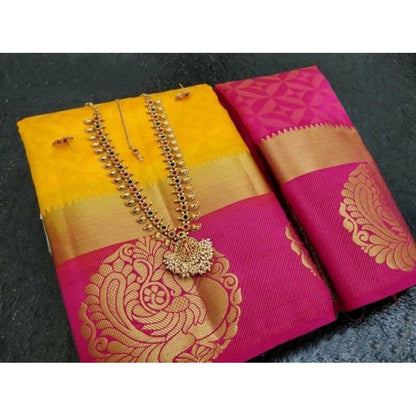 Women's Kanjivaram Silk Saree With Unstitched Blouse Piece (Yellow, 5-6 Mtrs)