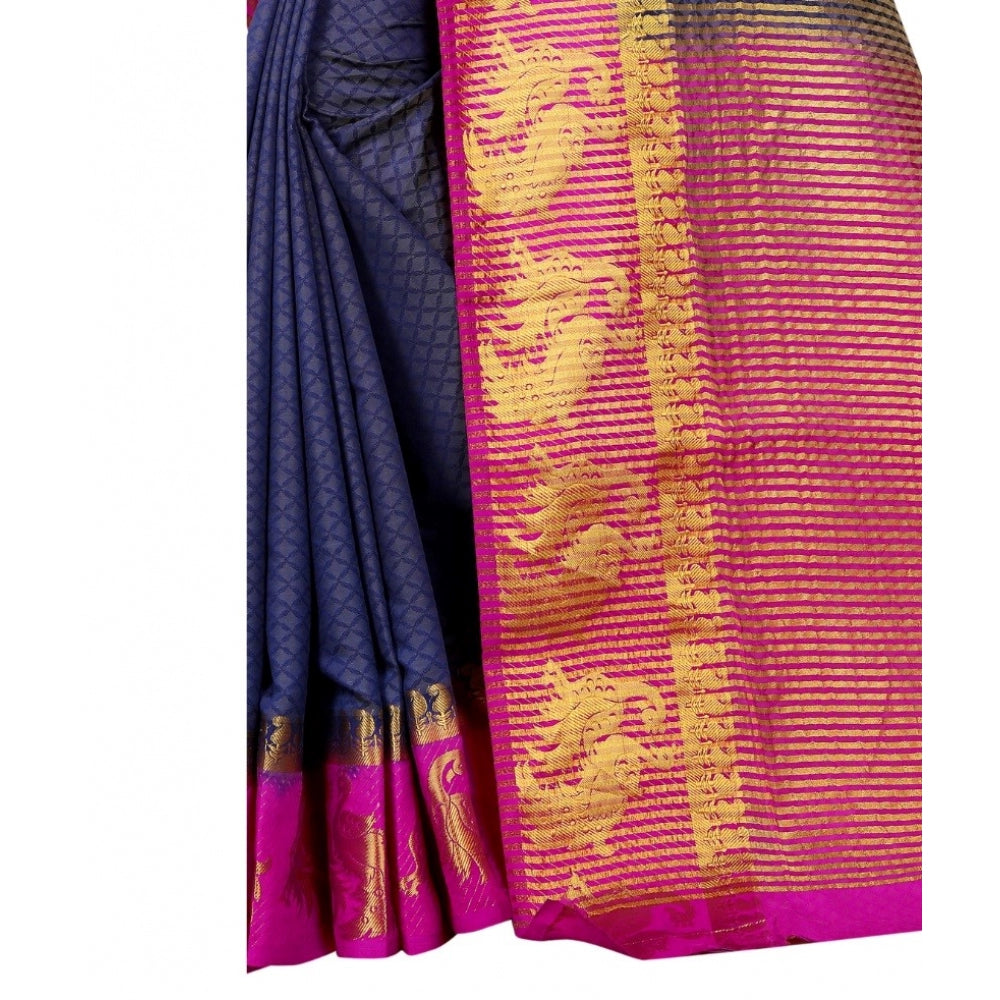 Women's Kanjivaram Silk Saree With Unstitched Blouse Piece (Navy Blue, 5-6 Mtrs)