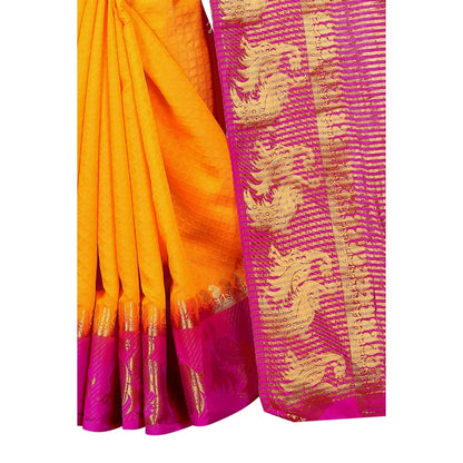 Women's Kanjivaram Silk Saree With Unstitched Blouse Piece (Yellow, 5-6 Mtrs)