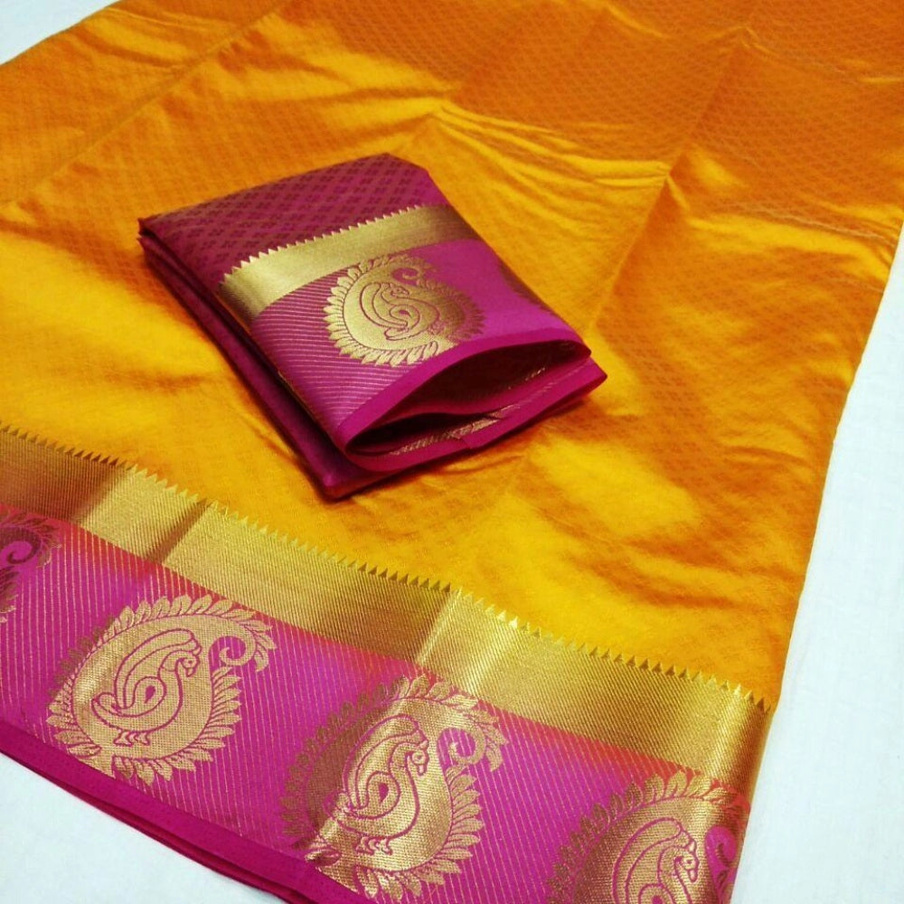 Women's Kanjivaram Silk Saree With Unstitched Blouse Piece (Yellow, 5-6 Mtrs)