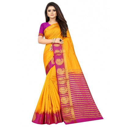 Women's Kanjivaram Silk Saree With Unstitched Blouse Piece (Yellow, 5-6 Mtrs)