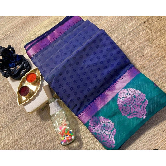 Women's Kanjivaram Silk Saree With Unstitched Blouse Piece (Blue, 5-6 Mtrs)