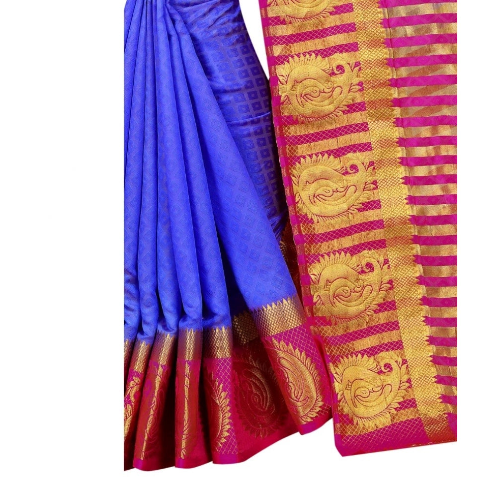 Women's Kanjivaram Silk Saree With Unstitched Blouse Piece (Blue, 5-6 Mtrs)