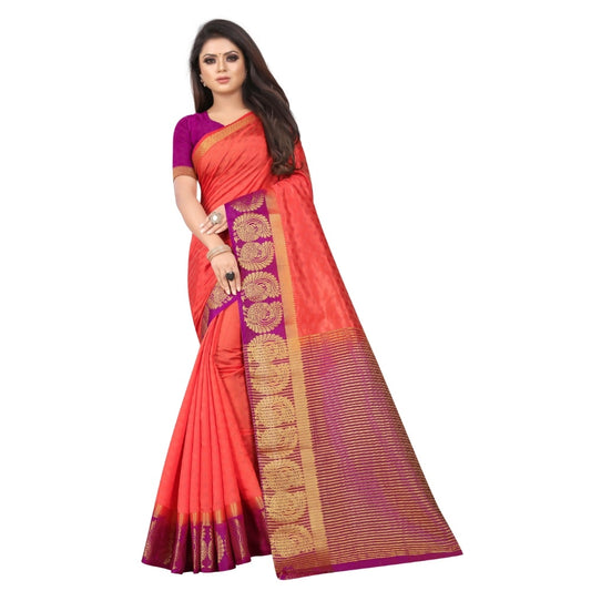 Women's Kanjivaram Silk Saree With Unstitched Blouse Piece (Peach, 5-6 Mtrs)