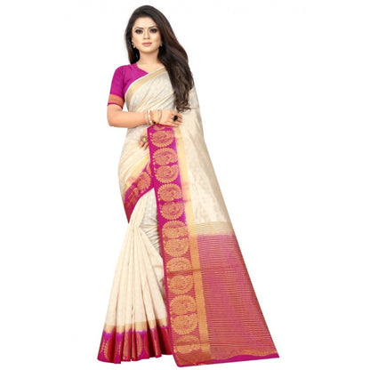 Women's Kanjivaram Silk Saree With Unstitched Blouse Piece (White, 5-6 Mtrs)