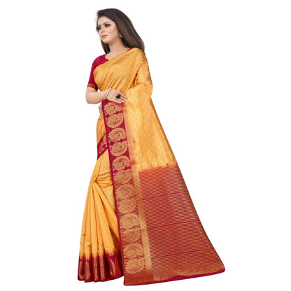 Women's Kanjivaram Silk Saree With Unstitched Blouse Piece (Yellow, 5-6 Mtrs)