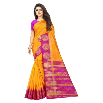 Women's Kanjivaram Silk Saree With Unstitched Blouse Piece (Yellow, 5-6 Mtrs)