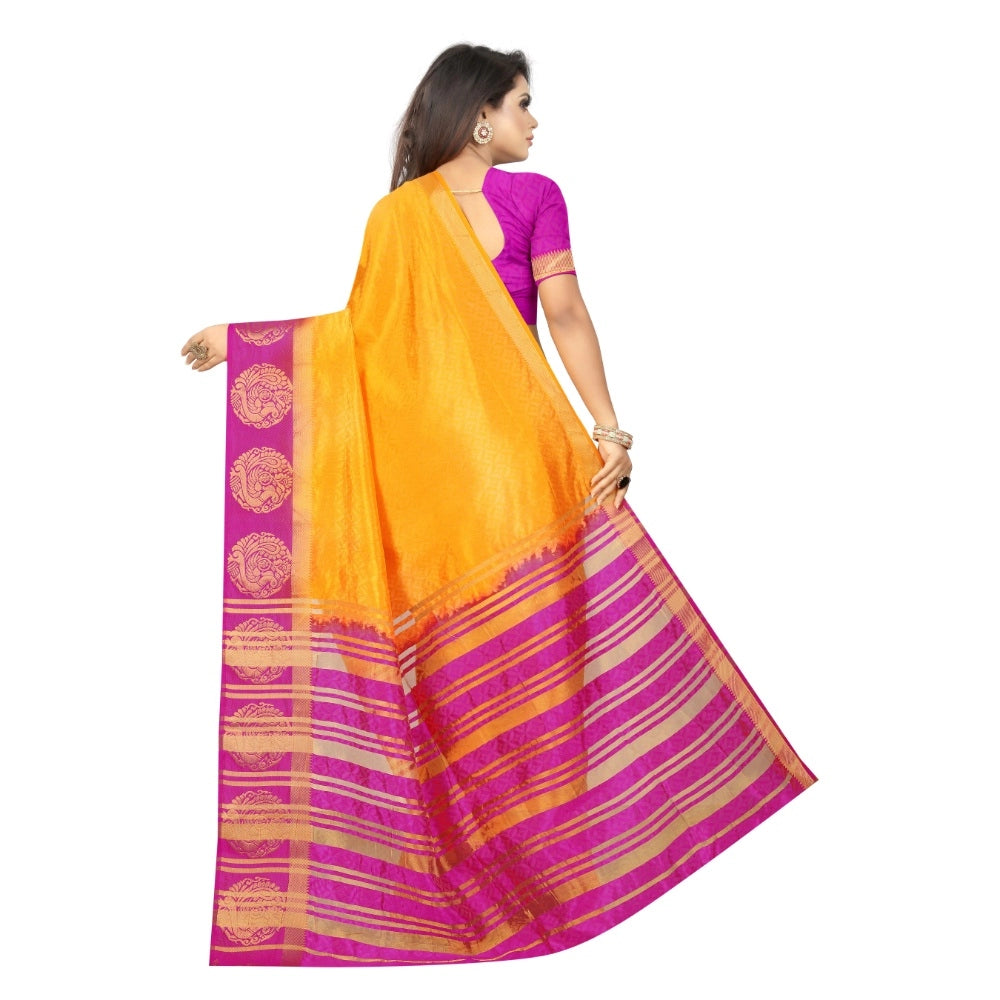 Women's Kanjivaram Silk Saree With Unstitched Blouse Piece (Yellow, 5-6 Mtrs)