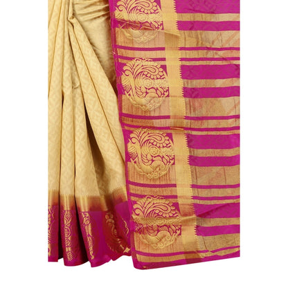 Women's Kanjivaram Silk Saree With Unstitched Blouse Piece (Beige, 5-6 Mtrs)