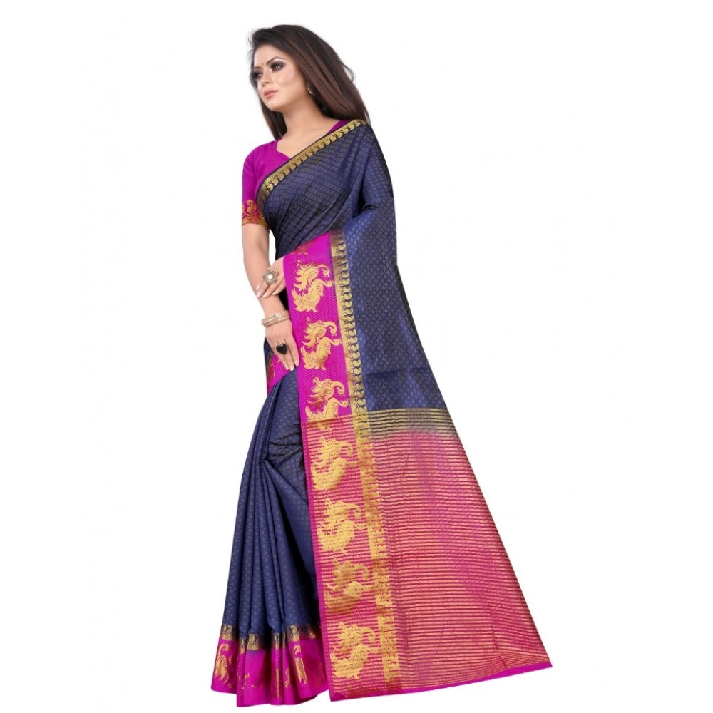 Women's Kanjivaram Silk Saree With Unstitched Blouse Piece (Navy Blue, 5-6 Mtrs)