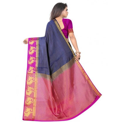 Women's Kanjivaram Silk Saree With Unstitched Blouse Piece (Navy Blue, 5-6 Mtrs)