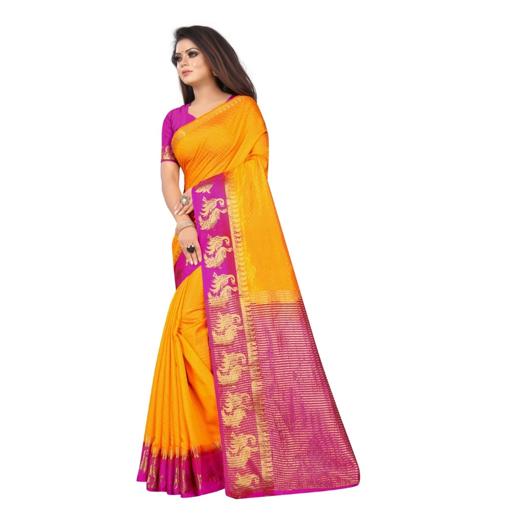 Women's Kanjivaram Silk Saree With Unstitched Blouse Piece (Yellow, 5-6 Mtrs)