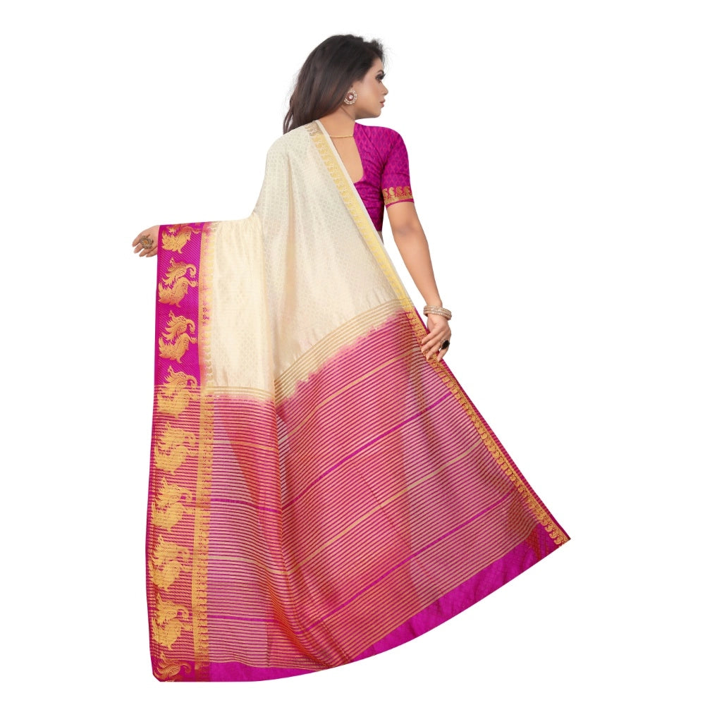 Women's Kanjivaram Silk Saree With Unstitched Blouse Piece (White, 5-6 Mtrs)