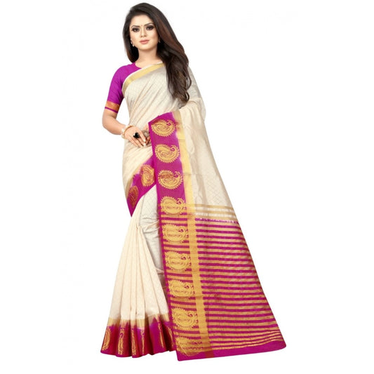 Women's Kanjivaram Silk Saree With Unstitched Blouse Piece (White, 5-6 Mtrs)