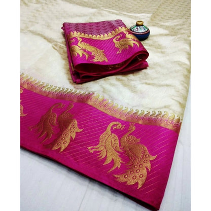 Women's Kanjivaram Silk Saree With Unstitched Blouse Piece (White, 5-6 Mtrs)