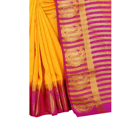 Women's Kanjivaram Silk Saree With Unstitched Blouse Piece (Yellow, 5-6 Mtrs)