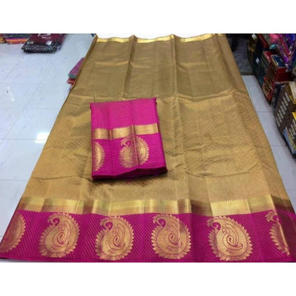 Women's Kanjivaram Silk Saree With Unstitched Blouse Piece (Beige, 5-6 Mtrs)