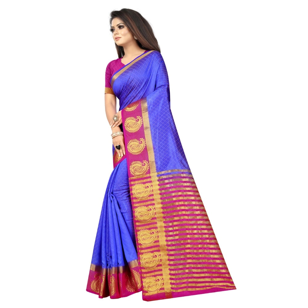 Women's Kanjivaram Silk Saree With Unstitched Blouse Piece (Blue, 5-6 Mtrs)