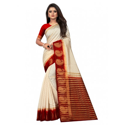 Women's Kanjivaram Silk Saree With Unstitched Blouse Piece (White, 5-6 Mtrs)