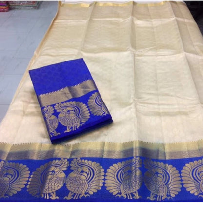 Women's Kanjivaram Silk Saree With Unstitched Blouse Piece (White, 5-6 Mtrs)