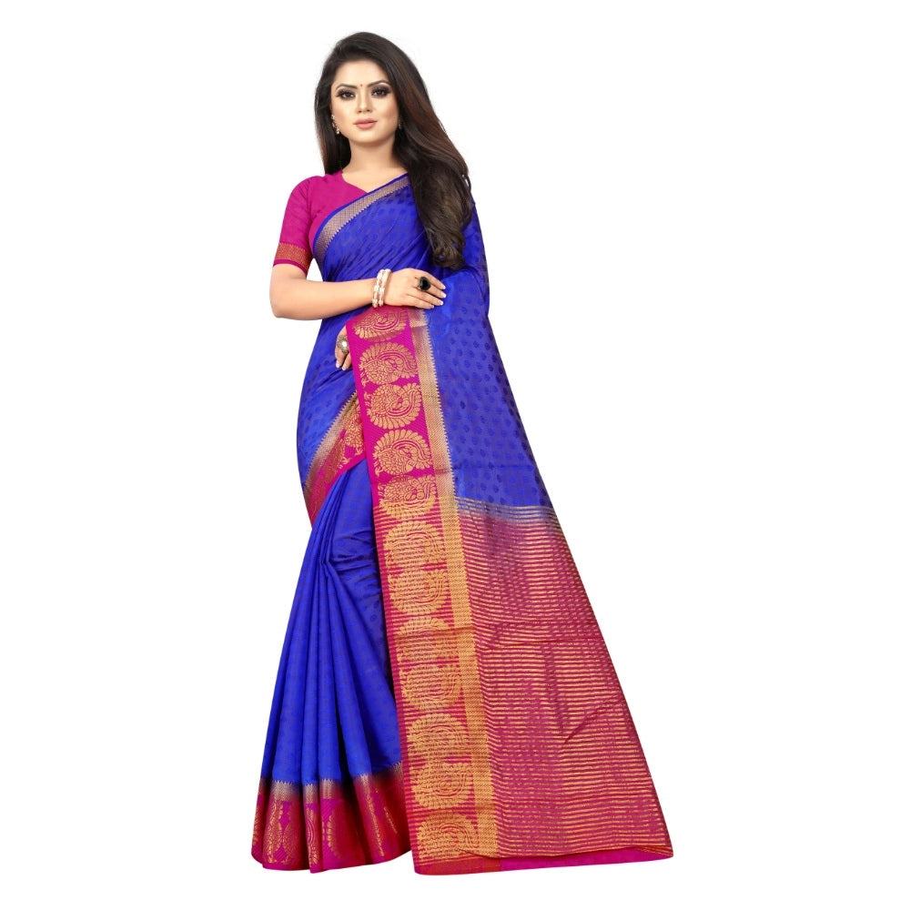 Women's Kanjivaram Silk Saree With Unstitched Blouse Piece (Blue, 5-6 Mtrs)