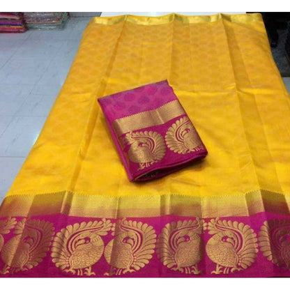 Women's Kanjivaram Silk Saree With Unstitched Blouse Piece (Yellow, 5-6 Mtrs)