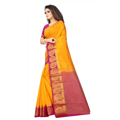 Women's Kanjivaram Silk Saree With Unstitched Blouse Piece (Yellow, 5-6 Mtrs)