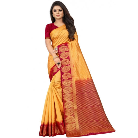 Women's Kanjivaram Silk Saree With Unstitched Blouse Piece (Yellow, 5-6 Mtrs)