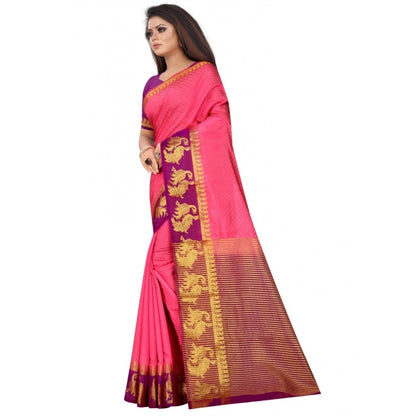 Women's Kanjivaram Silk Saree With Unstitched Blouse Piece (Peach, 5-6 Mtrs)