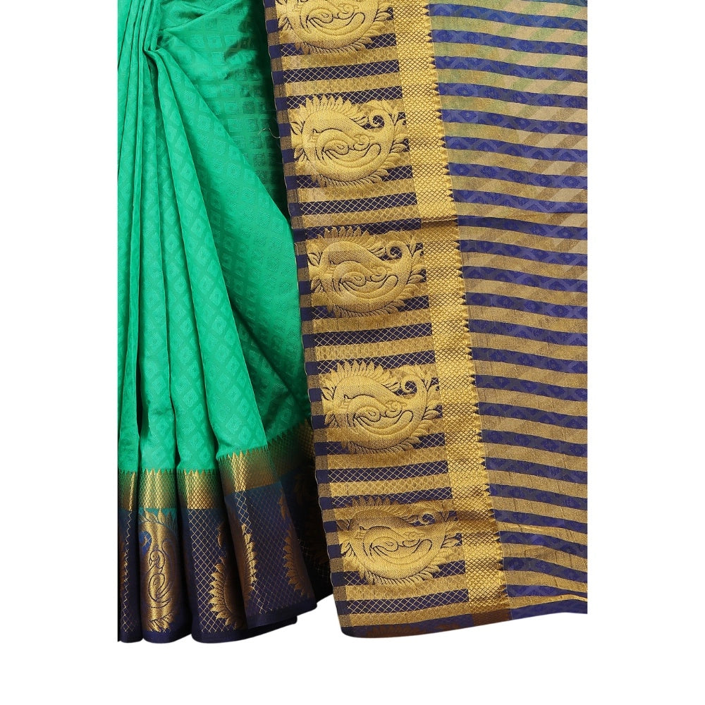 Women's Kanjivaram Silk Saree With Unstitched Blouse Piece (Turquoise Green, 5-6 Mtrs)