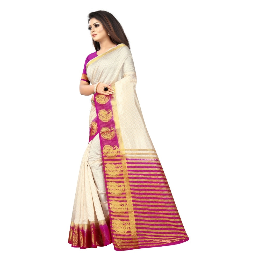 Women's Kanjivaram Silk Saree With Unstitched Blouse Piece (White, 5-6 Mtrs)