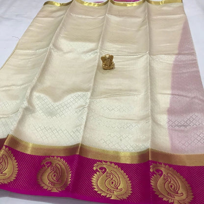 Women's Kanjivaram Silk Saree With Unstitched Blouse Piece (White, 5-6 Mtrs)