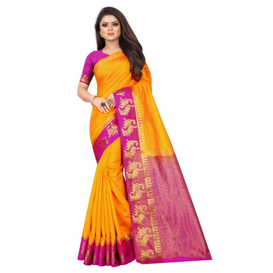 Women's Kanjivaram Silk Saree With Unstitched Blouse Piece (Yellow, 5-6 Mtrs)