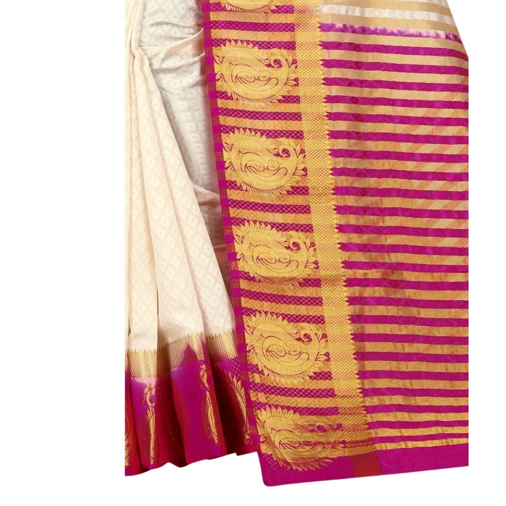 Women's Kanjivaram Silk Saree With Unstitched Blouse Piece (White, 5-6 Mtrs)