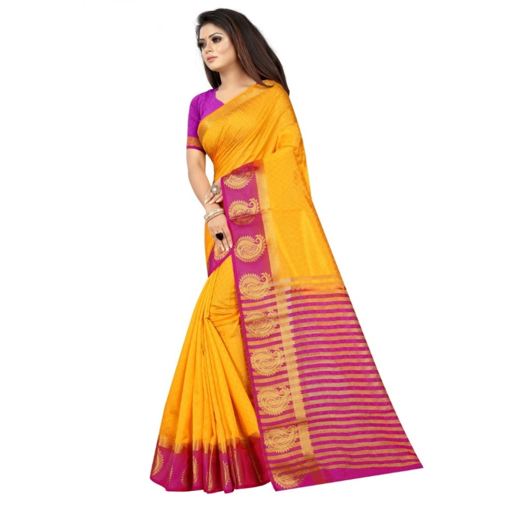 Women's Kanjivaram Silk Saree With Unstitched Blouse Piece (Yellow, 5-6 Mtrs)