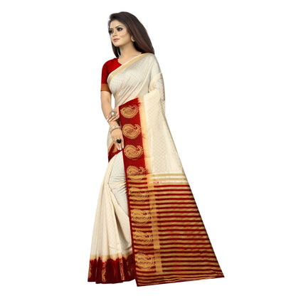 Women's Kanjivaram Silk Saree With Unstitched Blouse Piece (White, 5-6 Mtrs)